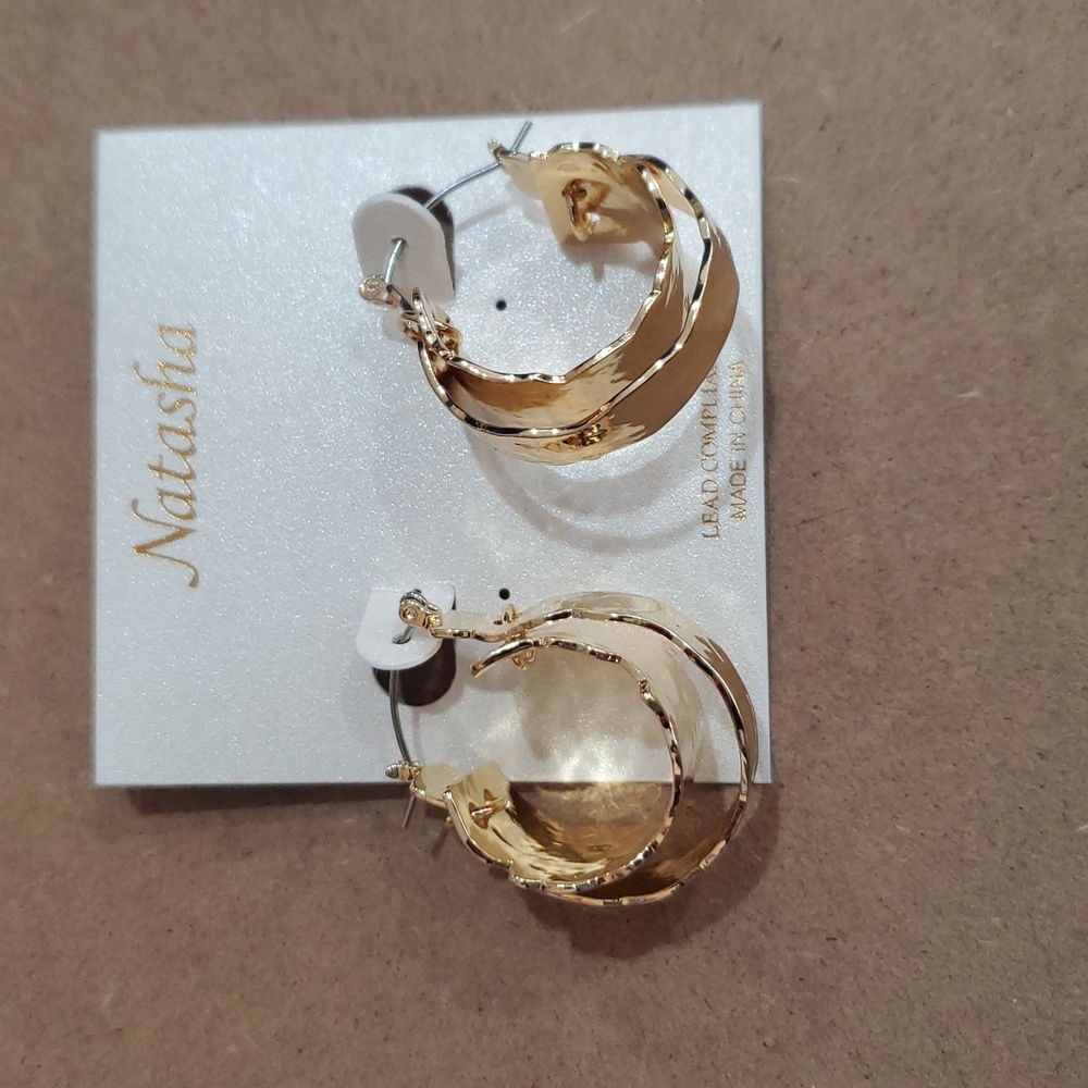 Natasha couture gold plated hammered jagged edge wide double hoop earrings new